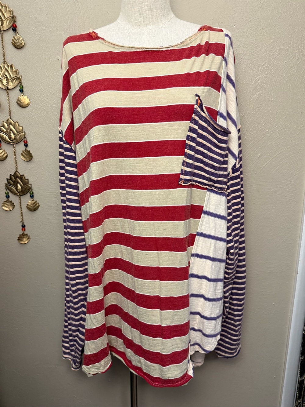 Free People We The Free Stripey Prep Oversize Pocket Tee Size Large Red Purple